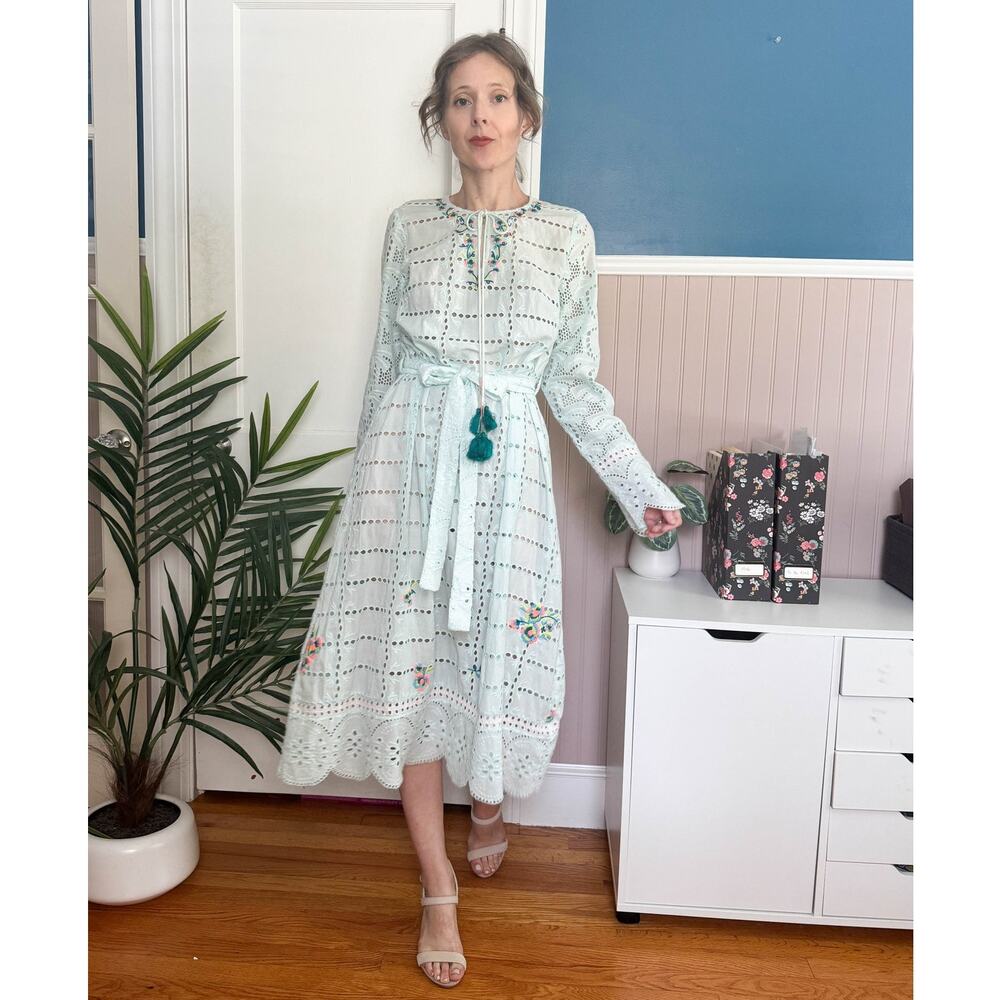 NWT HEMANT & NANDITA Eyelet Embroidered Midi Dress crochet mint blue 3261